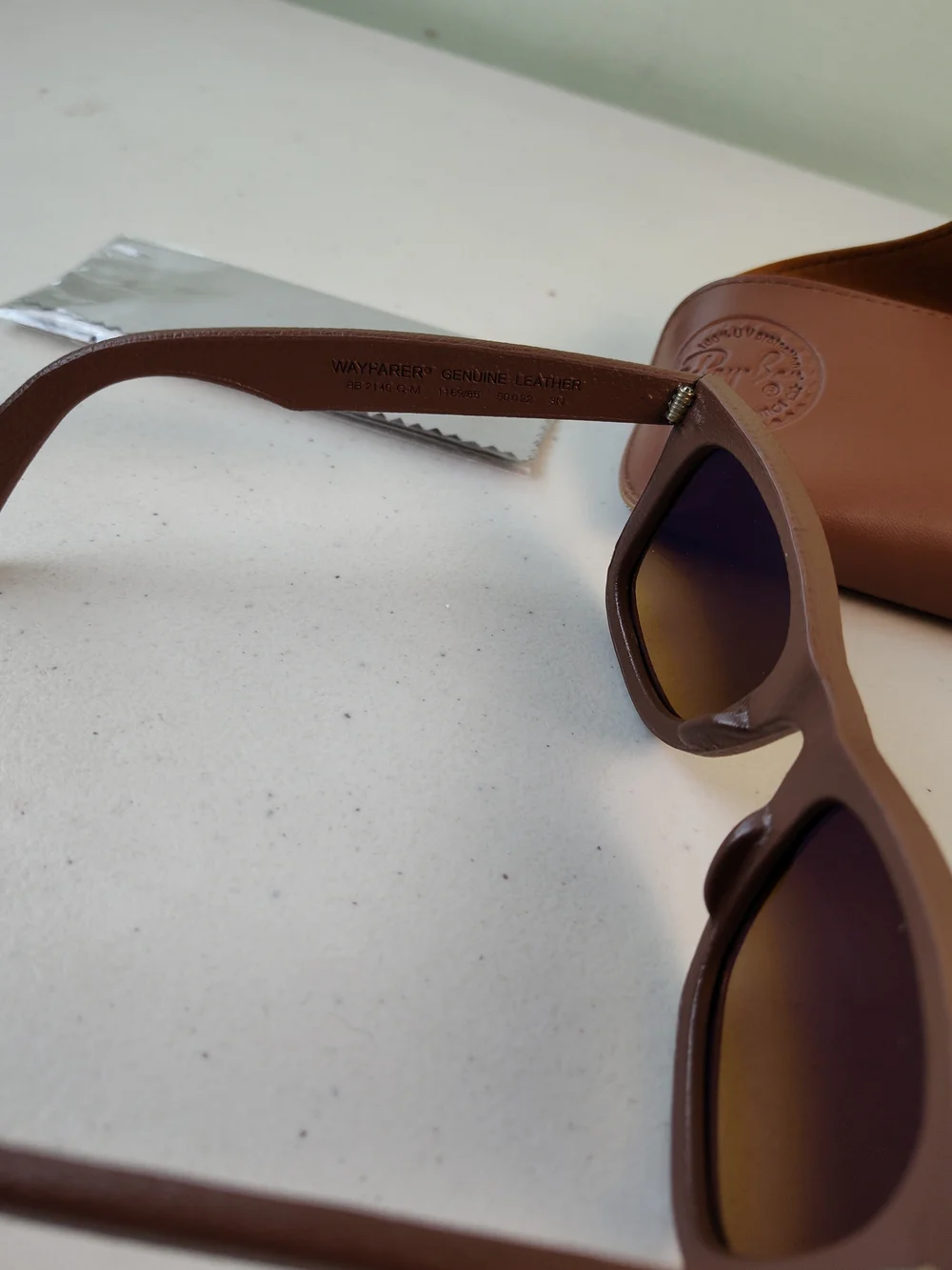 Ray-Ban Men’s Brown Leather Wrapped Sunglasses with Brown Lenses